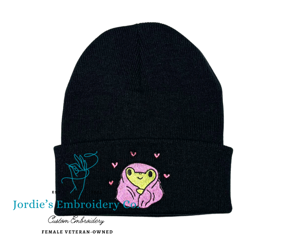 Cute Cozy Kawaii Frog in Blanket Beanie Custom Embroidered