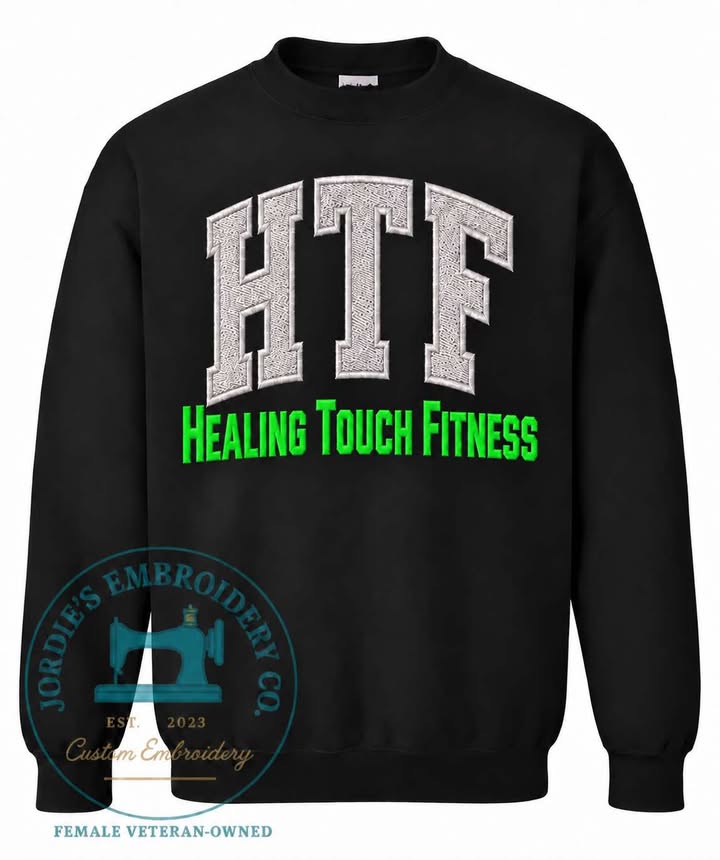 Healing Touch Fitness Embroidered Crewneck Applique - White & Green Bold Font